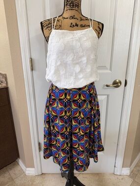 Vibrant Geometric Midi Skirt in Blue, Yellow & Red